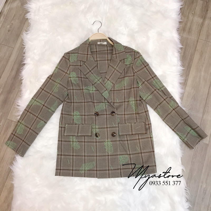 Áo khoác vest Blazer caro nền nâu chữ xanh lá