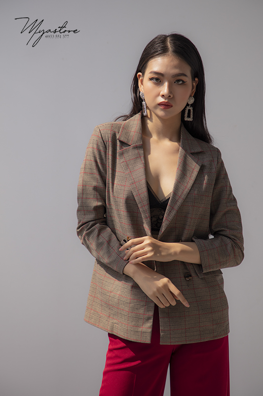 Áo khoác vest Blazer sọc ô đỏ nền nâu