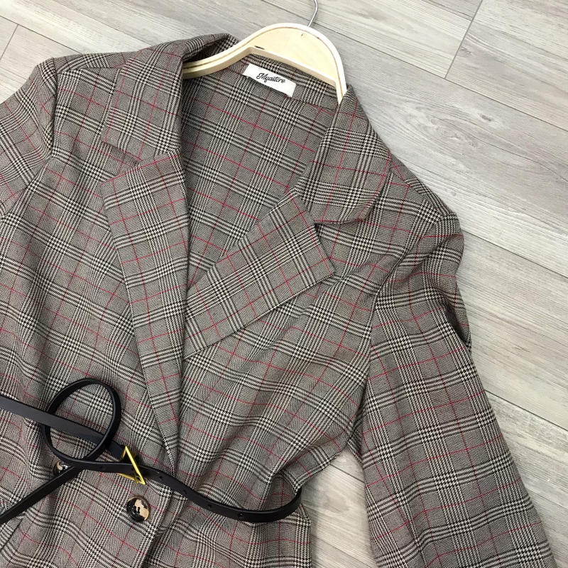 Áo khoác vest Blazer sọc ô đỏ nền nâu