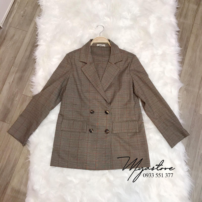 Áo khoác vest Blazer sọc ô đỏ nền nâu