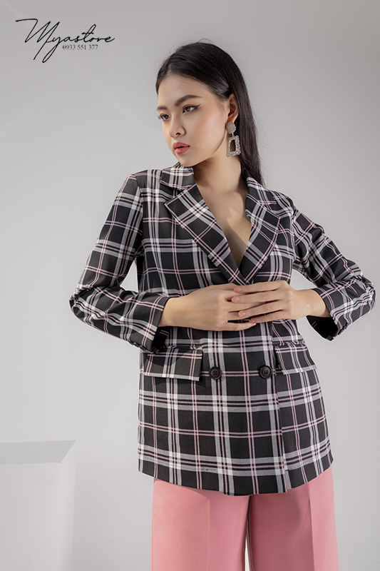 Áo khoác vest Blazer caro đen sọc màu hồng phong cách Hàn Quốc