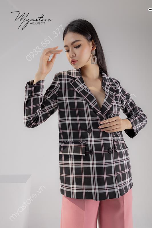 Áo khoác vest Blazer caro đen sọc màu hồng phong cách Hàn Quốc