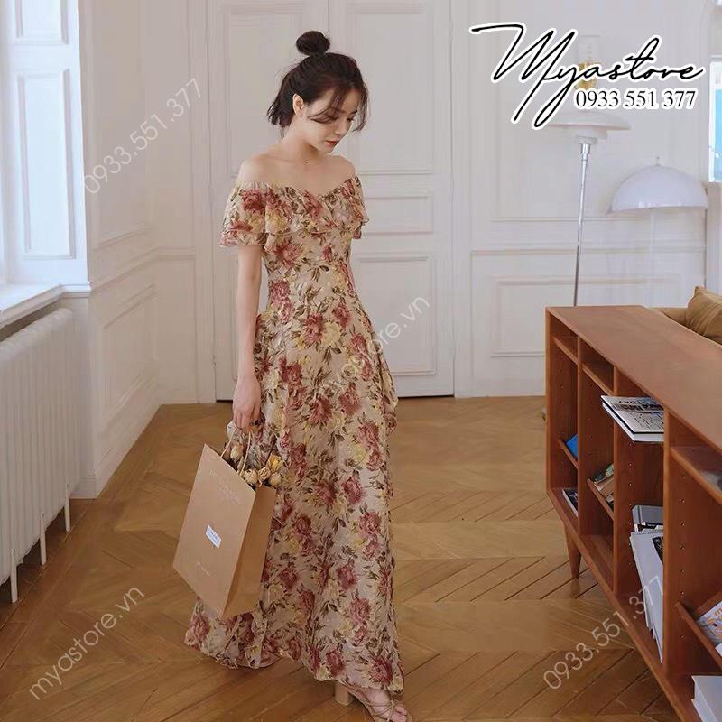 Đầm đi biển nude hoa hồng bèo 