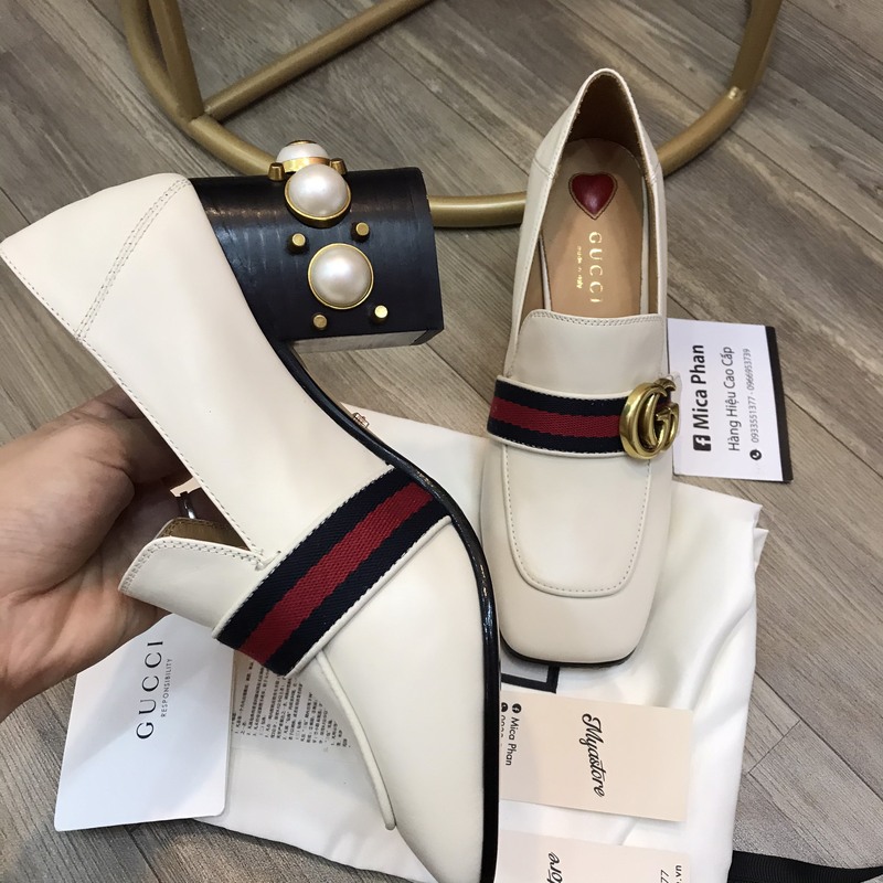 Giày nữ Gucci gót ngọc trai tán đinh 7cm màu trắng Siêu cấp trả khách 