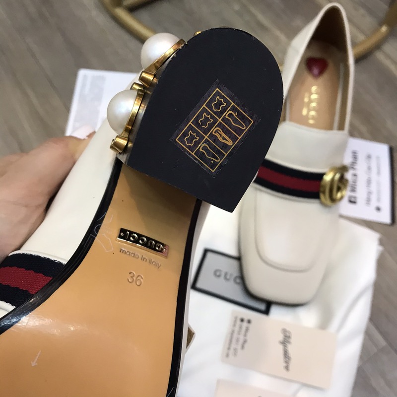 Giày nữ Gucci gót ngọc trai tán đinh 7cm màu trắng Siêu cấp trả khách 