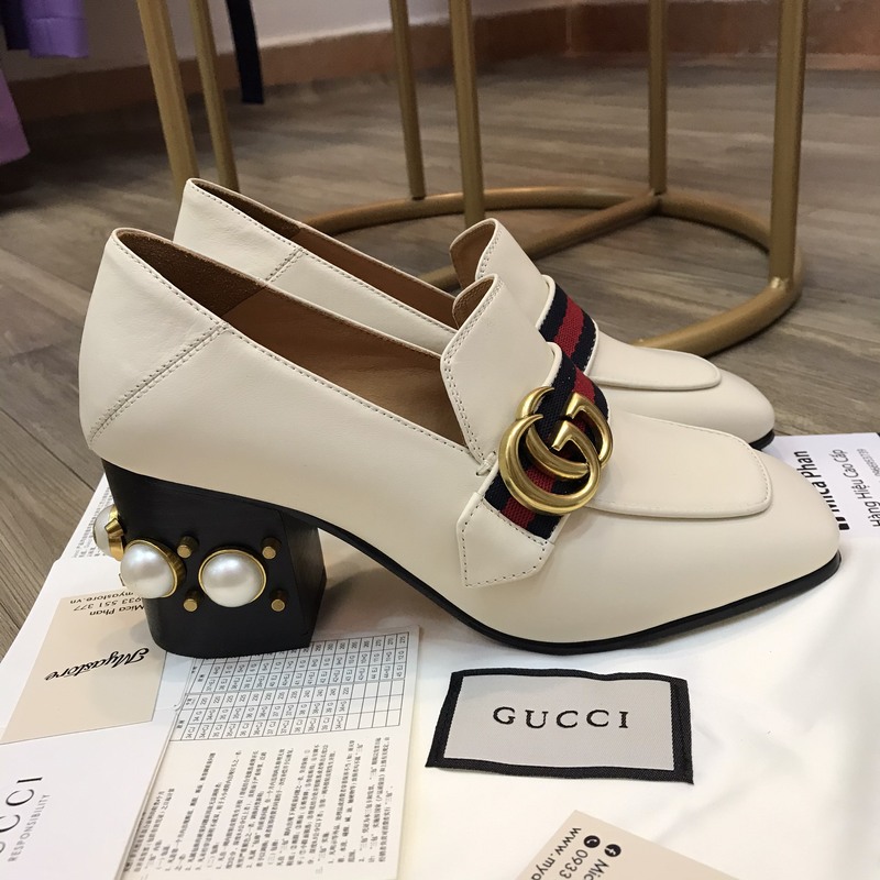 Giày nữ Gucci gót ngọc trai tán đinh 7cm màu trắng Siêu cấp trả khách 