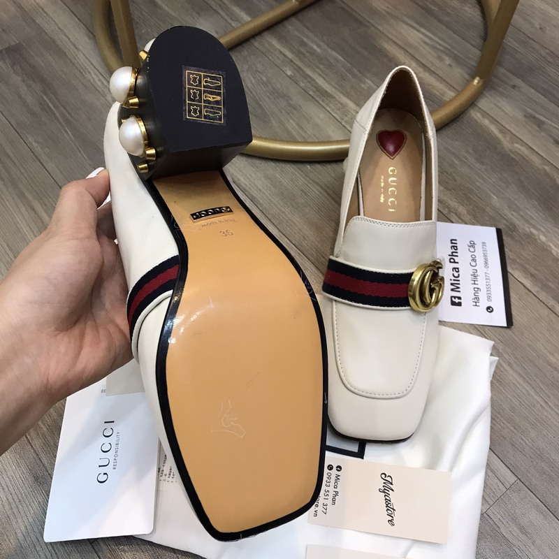 Giày nữ Gucci gót ngọc trai tán đinh 7cm màu trắng Siêu cấp trả khách 