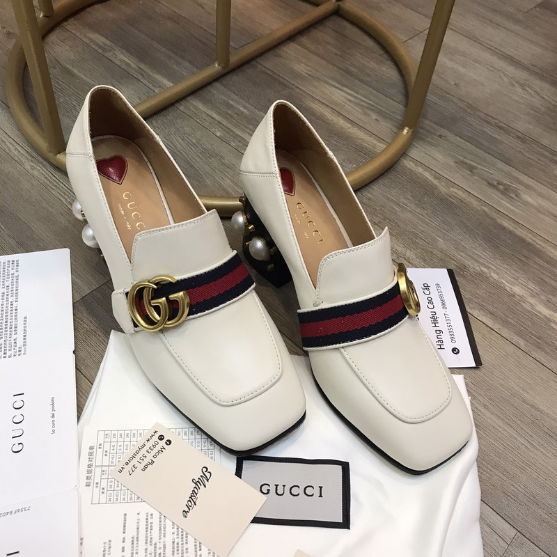 Giày nữ Gucci gót ngọc trai tán đinh 7cm màu trắng Siêu cấp trả khách 