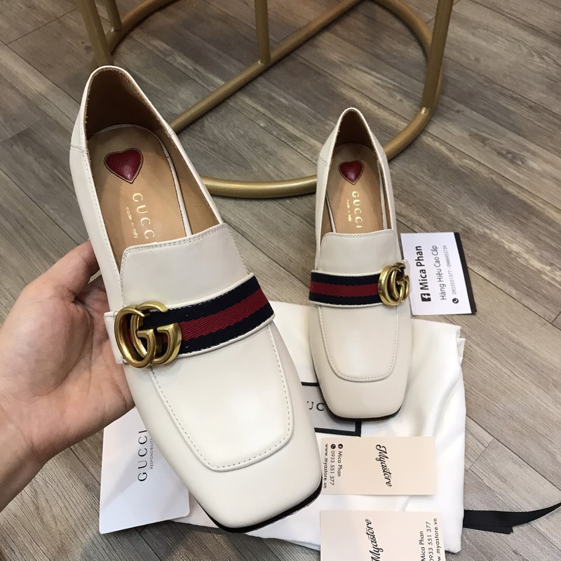 Giày nữ Gucci gót ngọc trai tán đinh 7cm màu trắng Siêu cấp trả khách 