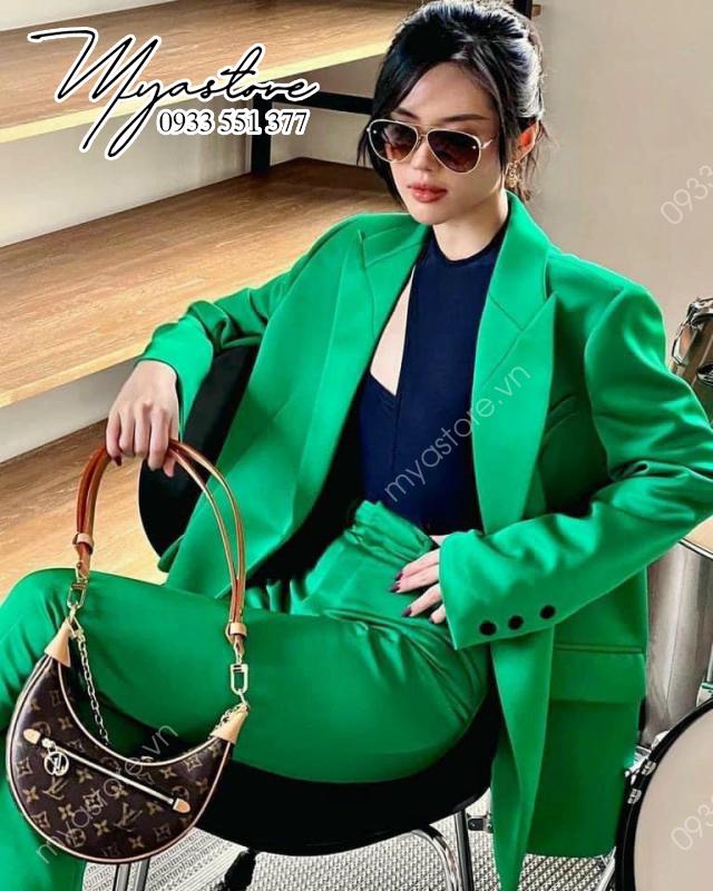 Set áo vest blazer nữ màu xanh lá thiết kế cao cấp