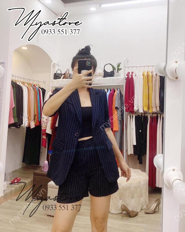 Set Blazer công sở tay ngắn xanh sọc trắng trẻ trung