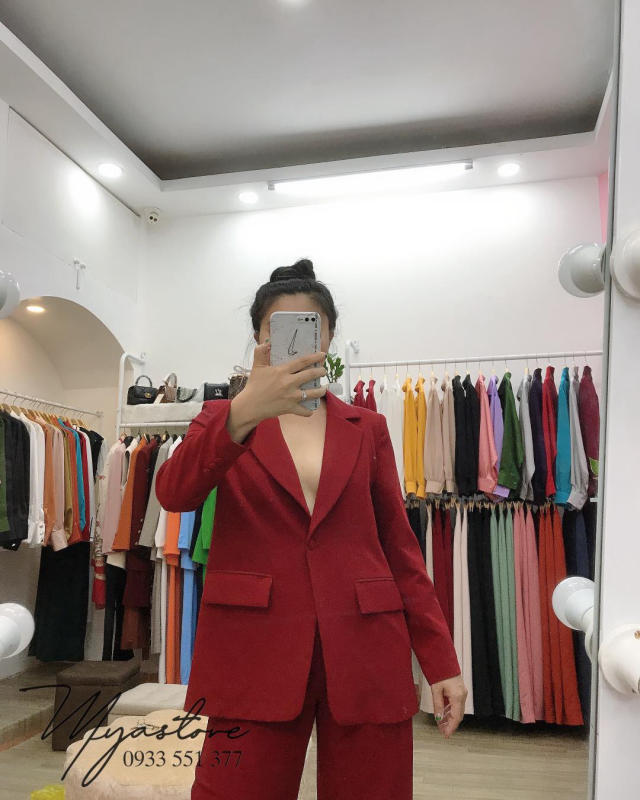 Set Blazer đỏ đô phong cách Hàn Quốc phom suông