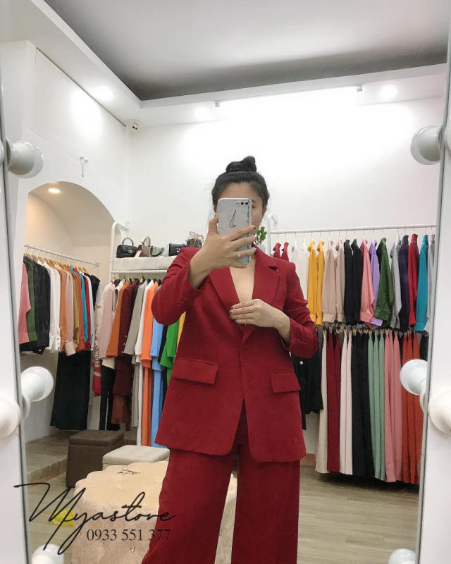 Set Blazer đỏ đô phong cách Hàn Quốc phom suông