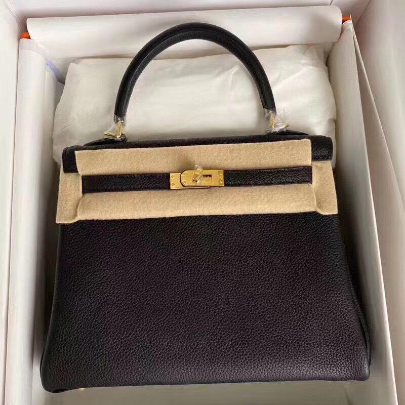 Túi xách HM Hermes Kelly 25cm nguyên bản màu đen khoá vàng