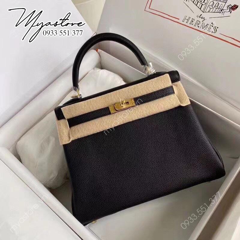 Túi xách HM Hermes Kelly 25cm nguyên bản màu đen khoá vàng