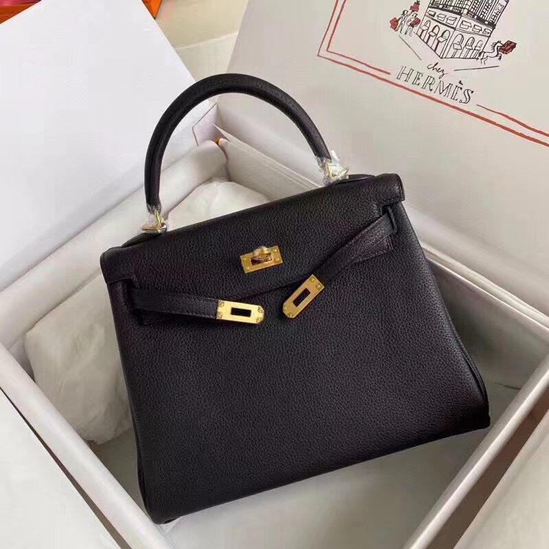 Túi xách HM Hermes Kelly 25cm nguyên bản màu đen khoá vàng