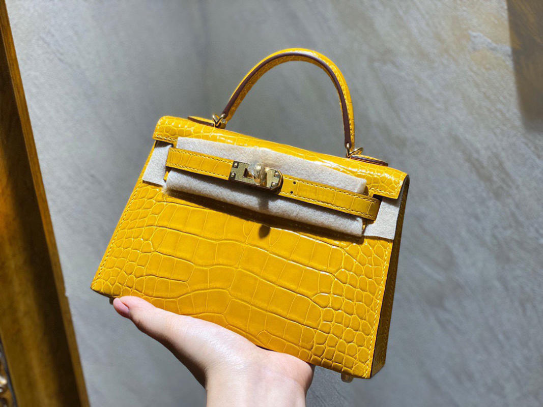 Túi xách nữ Hermes Kelly da cá sấu nguyên bản vàng siêu cấp 1:1