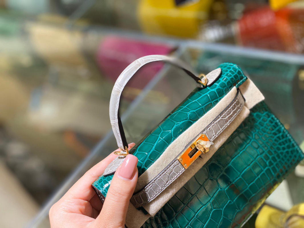 Túi xách nữ Hermes Kelly da cá sấu nguyên bản xanh ngọc siêu cấp 1:1