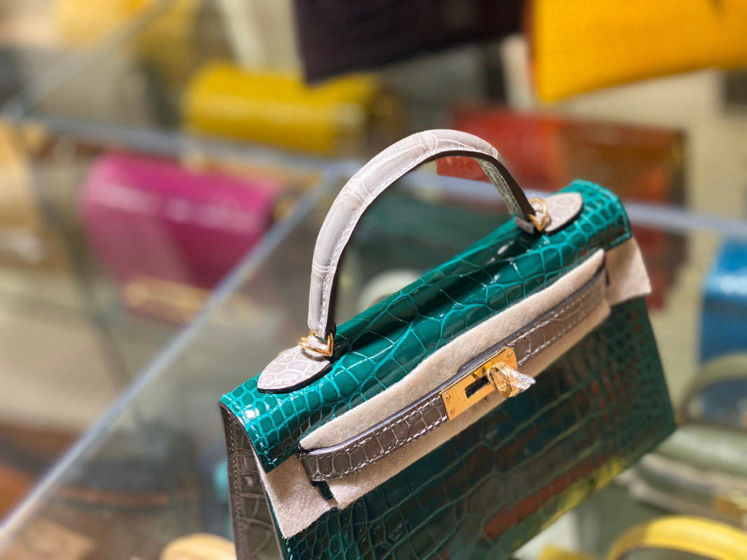 Túi xách nữ Hermes Kelly da cá sấu nguyên bản xanh ngọc siêu cấp 1:1