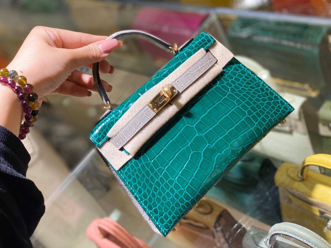 Túi xách nữ Hermes Kelly da cá sấu nguyên bản xanh ngọc siêu cấp 1:1