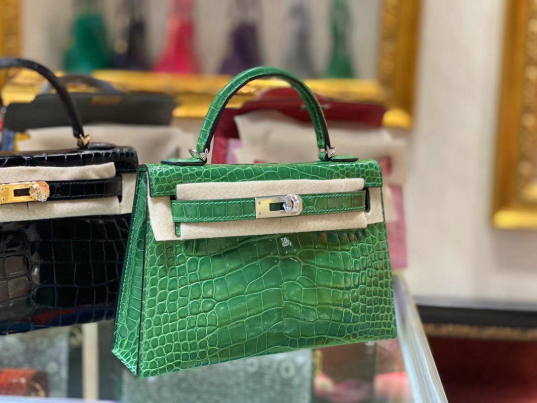 Túi xách nữ Hermes Kelly da cá sấu nguyên bản xanh siêu cấp 1:1