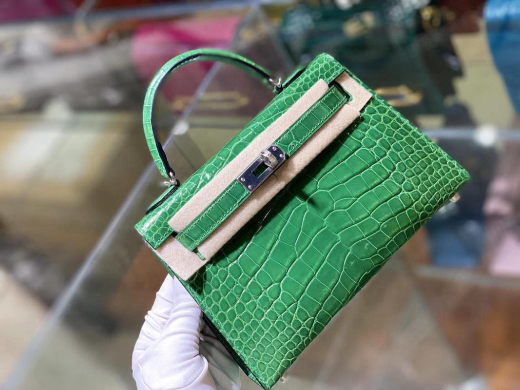 Túi xách nữ Hermes Kelly da cá sấu nguyên bản xanh siêu cấp 1:1